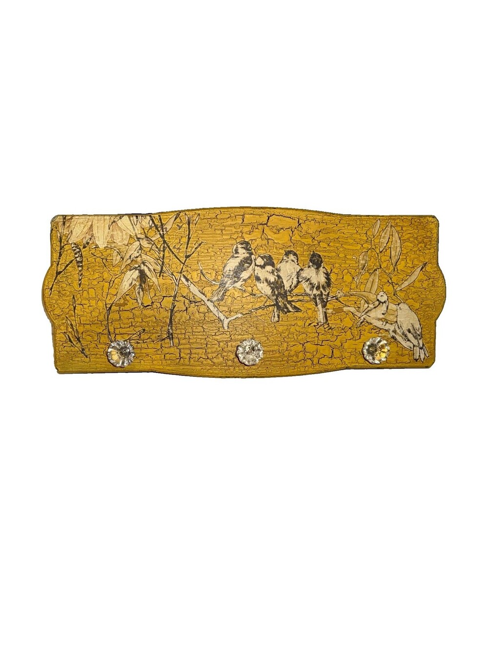 Rustic Wood Wall Plaque Birds Theme Rectangular Crackle Finish Yellow/Black